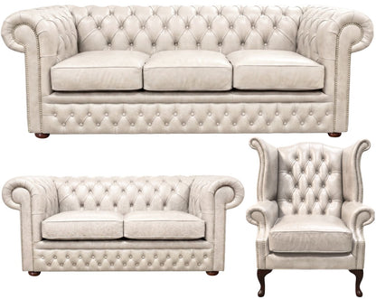 The Durham Chesterfield 3 Piece Suite with 3 seater, 2 seater and Queen Anne chair in English Fossil Grey leather