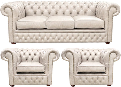 The Durham Chesterfield 3 Piece Suite with 3 seater and 2 club chairs in English Fossil Grey leather