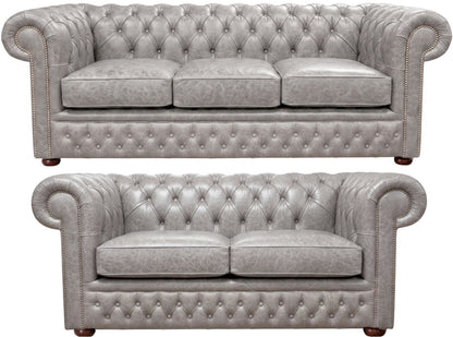 The Durham Chesterfield 3 Piece Suite with 3 seater and 2 seater in English Lead leather