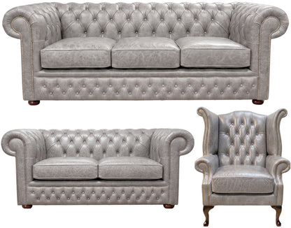 The Durham Chesterfield 3 Piece Suite with 3 seater, 2 seater and Queen Anne chair in English Lead leather