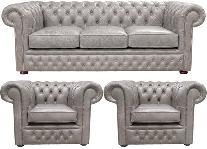 The Durham Chesterfield 3 Piece Suite with 3 seater and 2 club chairs in English Lead leather