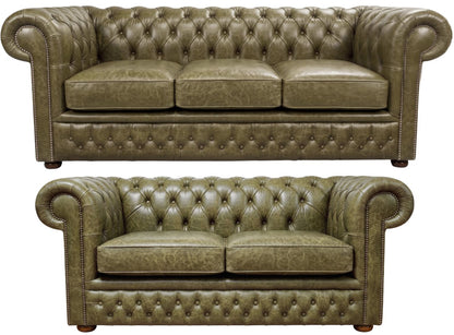 The Durham Chesterfield 3 Piece Suite with 3 seater and 2 seater in English Moss leather