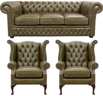 The Durham Chesterfield 3 Piece Suite with 3 seater, 2 seater and Queen Anne chair in English Moss leather