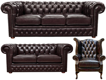 The Durham Chesterfield 3 Piece Suite with 3 seater, 2 seater and Queen Anne chair in English Smoke leather