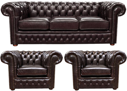 The Durham Chesterfield 3 Piece Suite with 3 seater and 2 club chairs in English Smoke leather