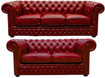 The Durham Chesterfield 3 Piece Suite with 3 seater and 2 seater in Vintage Poppy leather