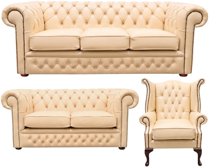 The Durham Chesterfield 3 Piece Suite with 3 seater, 2 seater and Queen Anne chair in Windsor Cream leather