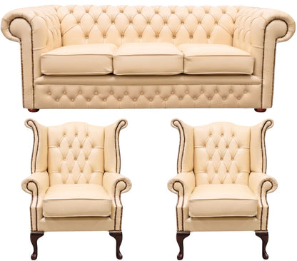 The Durham Chesterfield 3 Piece Suite with 3 seater and 2 Queen Anne chairs in Windsor Cream leather
