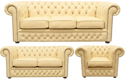 The Durham Chesterfield 3 Piece Suite with 3 seater, 2 seater and club chair in Windsor Fudge leather