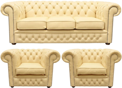 The Durham Chesterfield 3 Piece Suite with 3 seater and 2 club chairs in Windsor Fudge leather