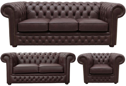 The Durham Chesterfield 3 Piece Suite with 3 seater, 2 seater and club chair in Windsor Mocca leather