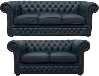 The Durham Chesterfield 3 Piece Suite with 3 seater and 2 seater in Windsor Navy Blue leather