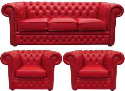 The Durham Chesterfield 3 Piece Suite with 3 seater and 2 club chairs in Windsor Red leather