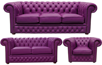 The Durham Chesterfield 3 Piece Suite with 3 seater, 2 seater and club chair in Windsor Wineberry leather