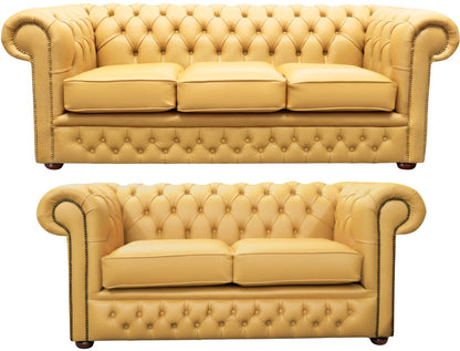 The Durham Chesterfield 3 Piece Suite with 3 seater and 2 seater in Windsor Yellow leather