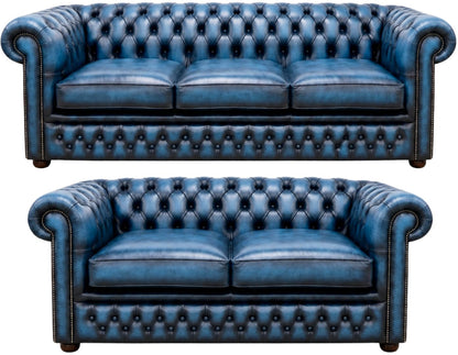 The Kensington Chesterfield 3 Piece Suite with 3 seater and 2 seater in Antique Blue leather