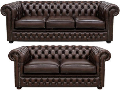 The Kensington Chesterfield 3 Piece Suite with 3 seater and 2 seater in Antique Brown leather