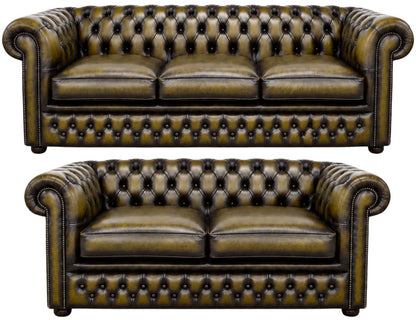 The Kensington Chesterfield 3 Piece Suite with 3 seater and 2 seater in Antique Gold leather
