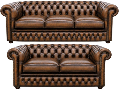 The Kensington Chesterfield 3 Piece Suite with 3 seater and 2 seater in Antique Tan leather