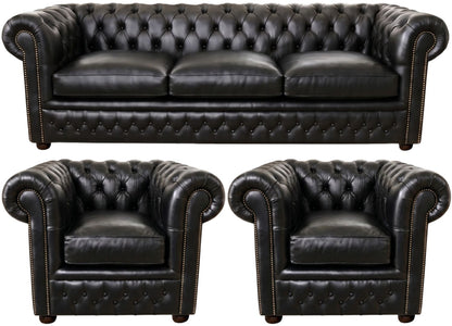 The Kensington Chesterfield 3 Piece Suite with 3 seater and 2 club chairs in English Black leather