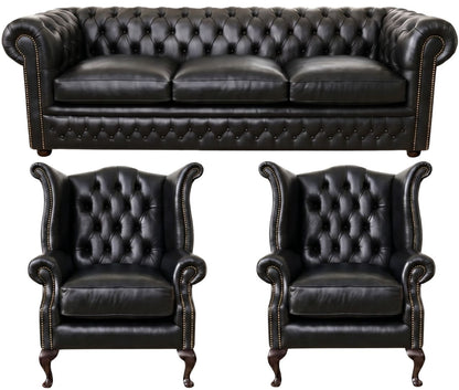 The Kensington Chesterfield 3 Piece Suite with 3 seater and 2 wing chairs in English Black leather