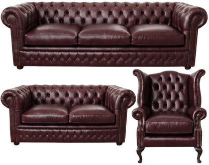The Kensington Chesterfield 3 Piece Suite with 3 seater, 2 seater and wing chair in English Brown leather