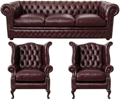 The Kensington Chesterfield 3 Piece Suite with 3 seater and 2 wing chairs in English Brown leather