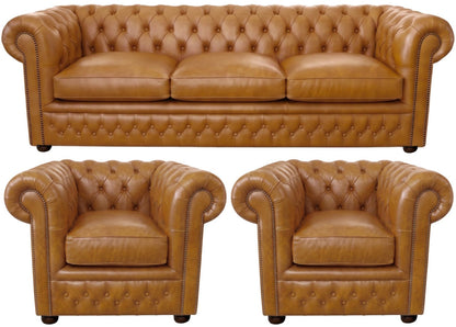 The Kensington Chesterfield 3 Piece Suite with 3 seater and 2 club chairs in English Bruciato leather