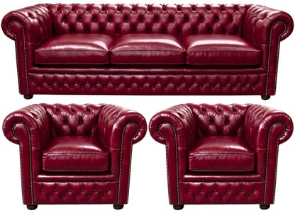 The Kensington Chesterfield 3 Piece Suite with 3 seater and 2 club chairs in English Burgundy leather