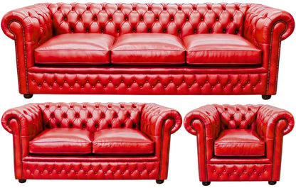 The Kensington Chesterfield 3 Piece Suite with 3 seater, 2 seater and club chair in English Claret leather