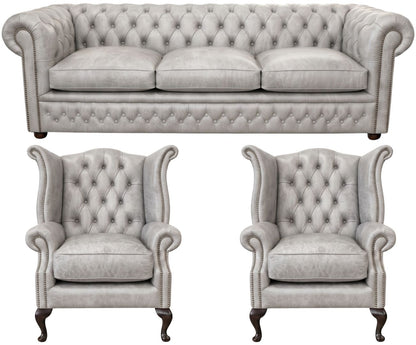 The Kensington Chesterfield 3 Piece Suite with 3 seater and 2 wing chairs in English Lead leather
