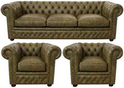 The Kensington Chesterfield 3 Piece Suite with 3 seater and 2 club chairs in English Moss leather