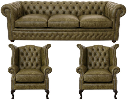 The Kensington Chesterfield 3 Piece Suite with 3 seater and 2 wing chairs in English Moss leather