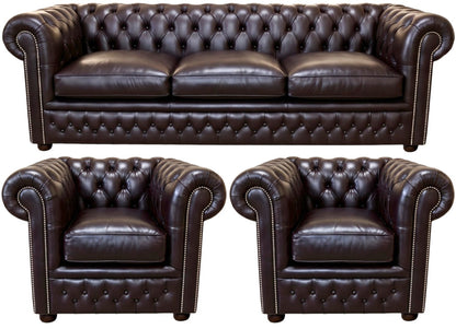 The Kensington Chesterfield 3 Piece Suite with 3 seater and 2 club chairs in English Smoke leather