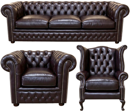 The Kensington Chesterfield 3 Piece Suite with 3 seater, club chair and Queen Anne chair in English Smoke leather
