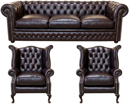 The Kensington Chesterfield 3 Piece Suite with 3 seater and 2 wing chairs in English Smoke leather