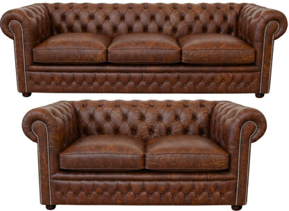 The Kensington Chesterfield 3 Piece Suite with 3 seater and 2 seater in Vintage Chestnut leather