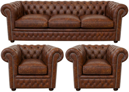 The Kensington Chesterfield 3 Piece Suite with 3 seater and 2 club chairs in Vintage Chestnut leather