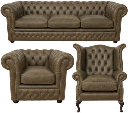 The Kensington Chesterfield 3 Piece Suite with 3 seater, club chair and Queen Anne chair in Vintage Olive leather