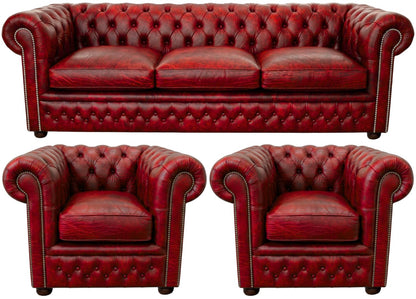The Kensington Chesterfield 3 Piece Suite with 3 seater and 2 club chairs in Vintage Poppy leather