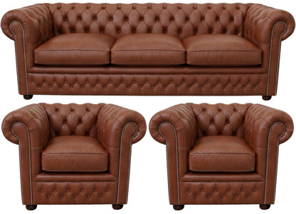 The Kensington Chesterfield 3 Piece Suite with 3 seater and 2 club chairs in Windsor Cocoa leather