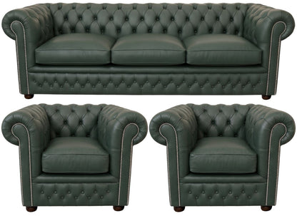 The Kensington Chesterfield 3 Piece Suite with 3 seater and 2 club chairs in Windsor Forest Green leather