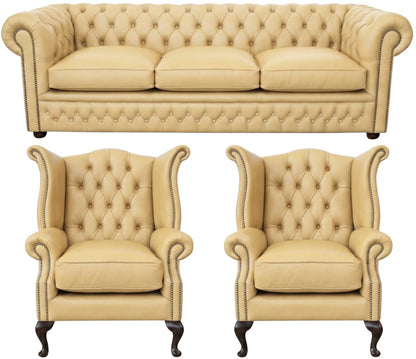 The Kensington Chesterfield 3 Piece Suite with 3 seater and 2 wing chairs in Windsor Fudge leather