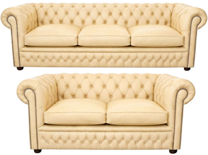 The Kensington Chesterfield 3 Piece Suite with 3 seater and 2 seater in Windsor Ivory leather