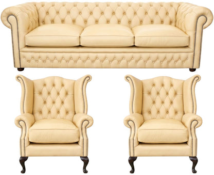 The Kensington Chesterfield 3 Piece Suite with 3 seater and 2 wing chairs in Windsor Ivory leather
