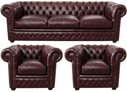 The Kensington Chesterfield 3 Piece Suite with 3 seater and 2 club chairs in English Brown leather