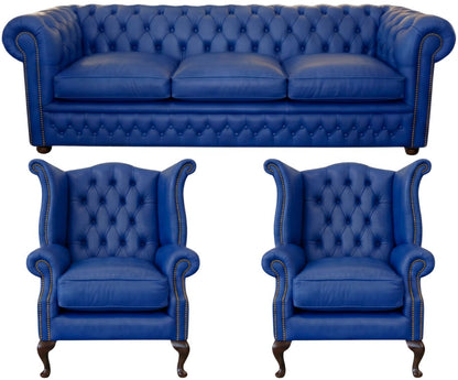 The Kensington Chesterfield 3 Piece Suite with 3 seater and 2 wing chairs in Windsor Ultramarine leather