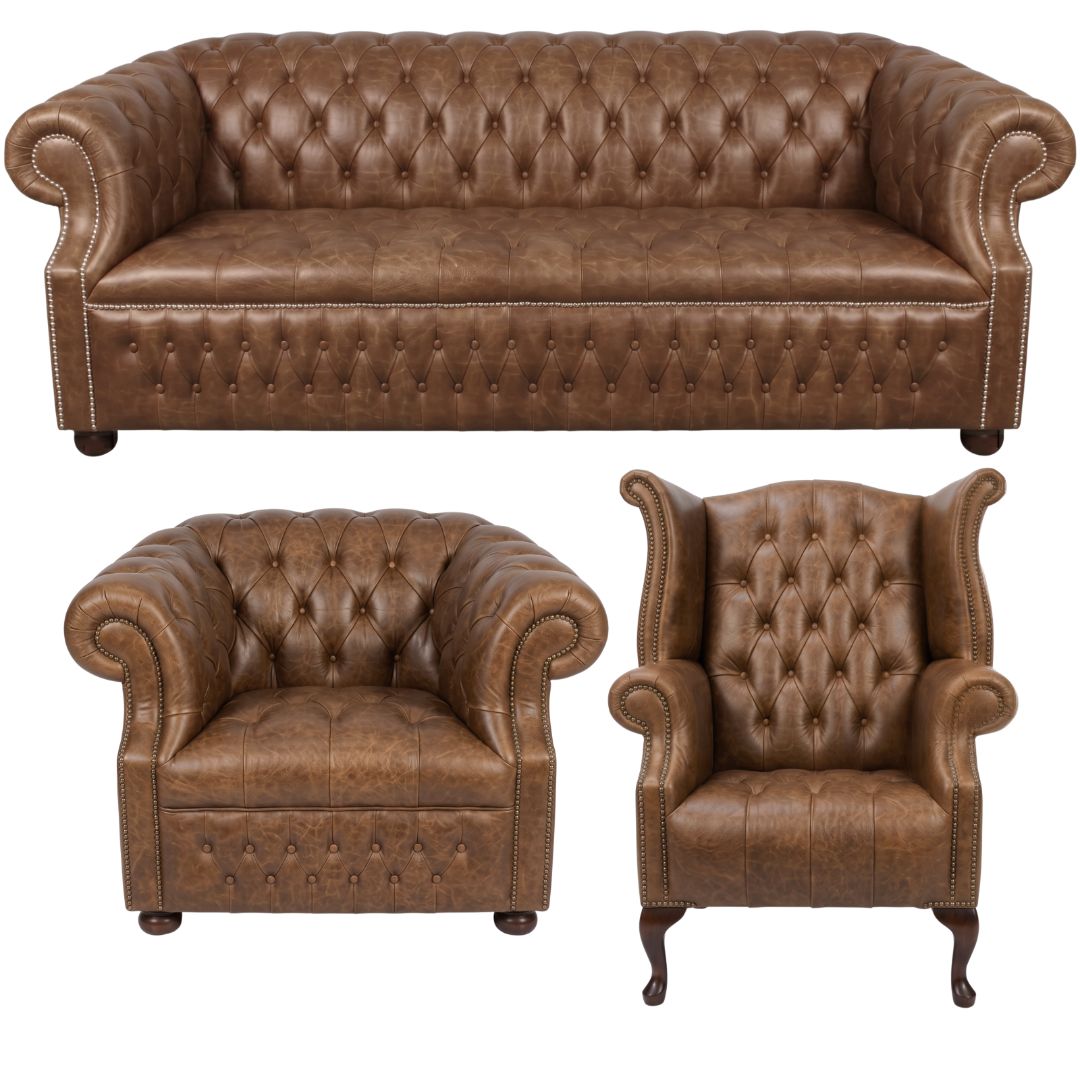 Rothwell Leather Chesterfield Sofa 3 Piece Suite | Fully Tufted