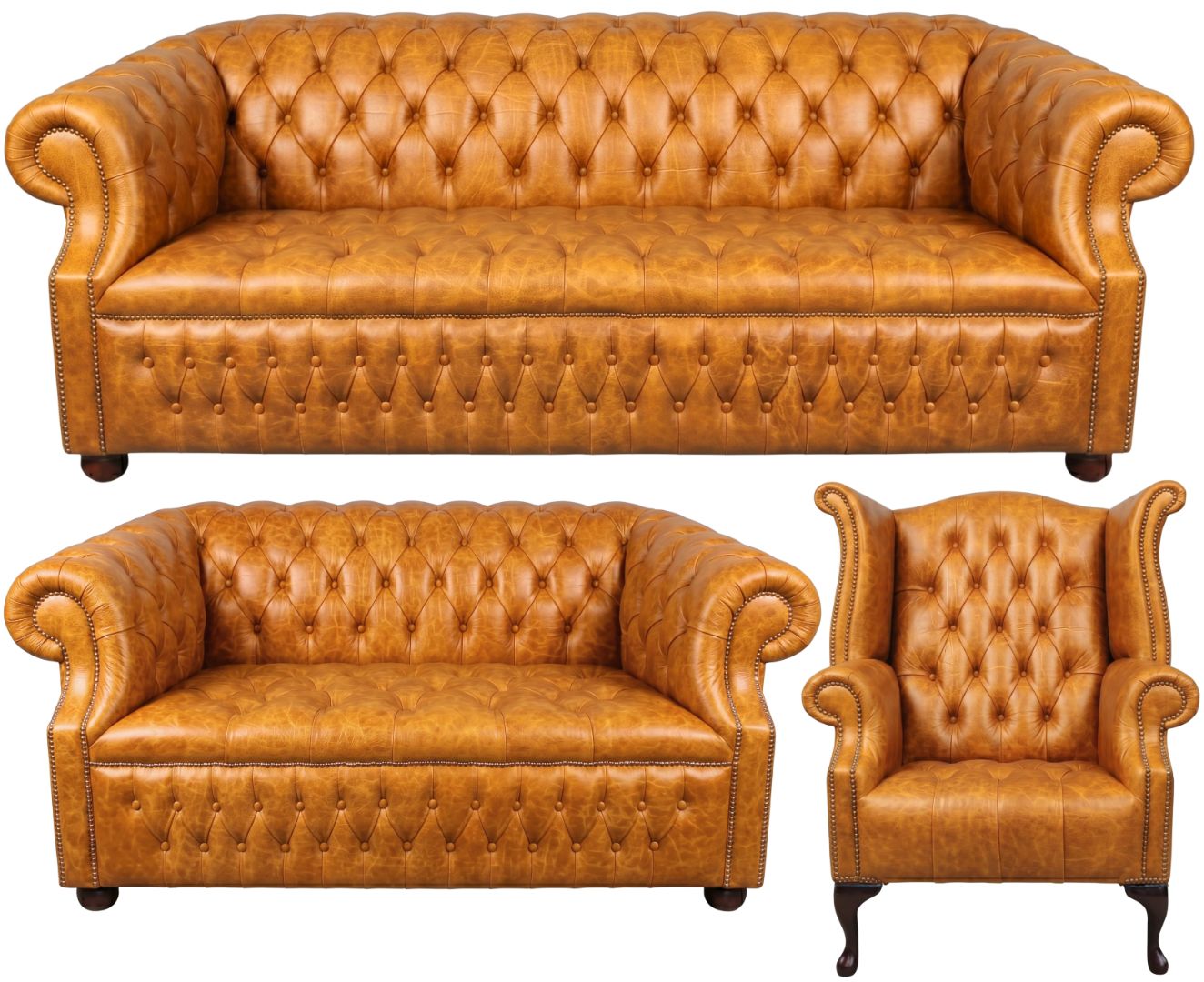Rothwell Leather Chesterfield Sofa 3 Piece Suite | Fully Tufted