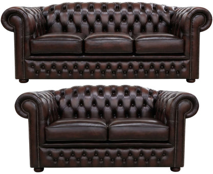 The Royale Chesterfield 3 Piece Suite with 3 seater and 2 seater in Antique Brown leather